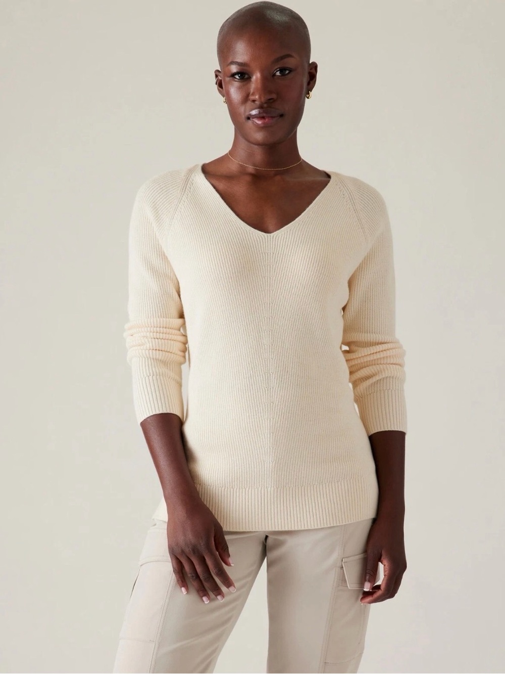 Athleta Hanover Refined V-Neck Sweater Magnolia Ivory Size S
